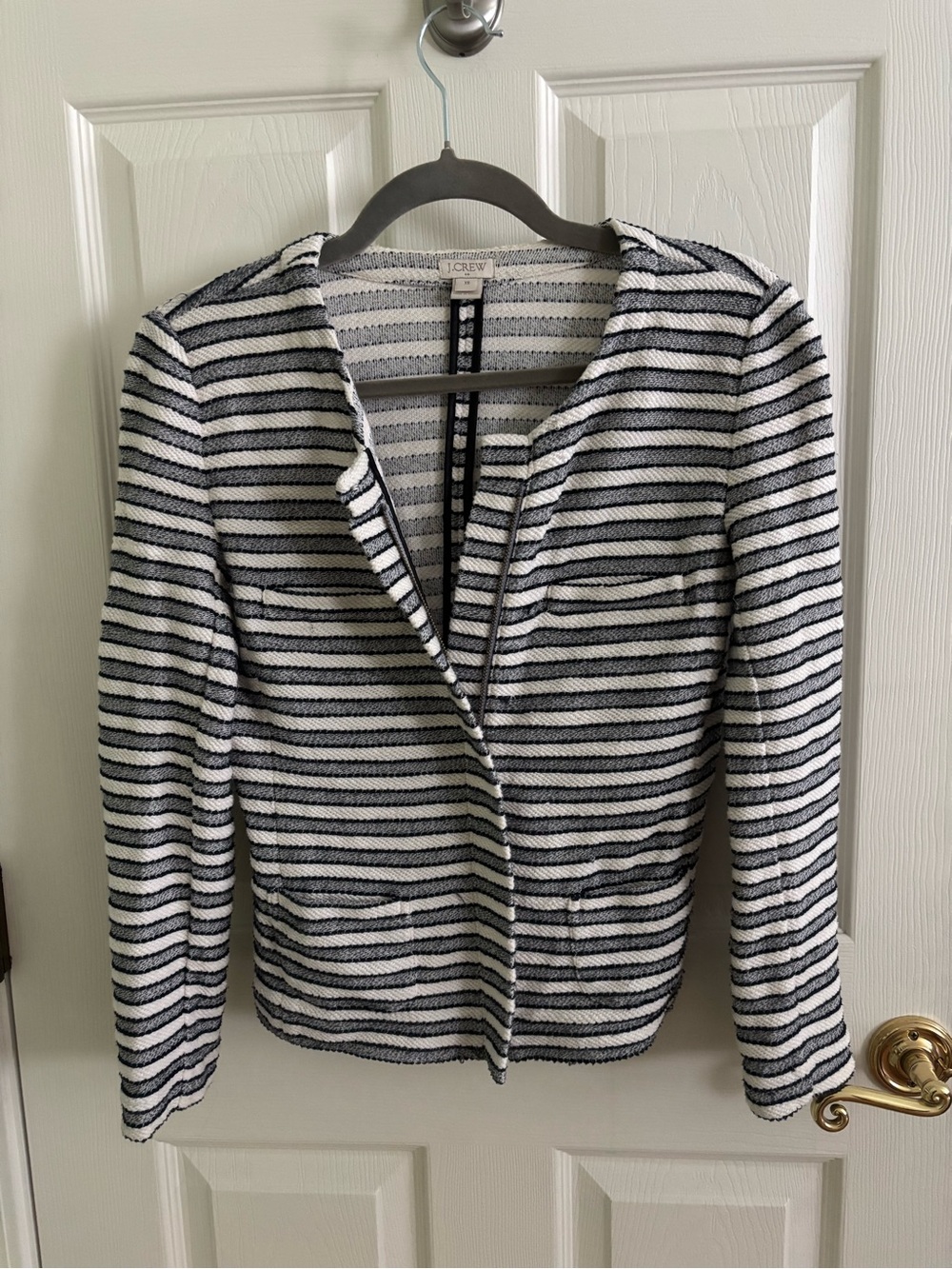 J. Crew Black, Blue and White Striped Knit Blazer